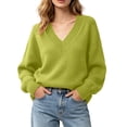 thumbnail image 3 of MaFYtyTPR Women V-Neck Pullover Sweater Winter Solid Color Long Sleeve Knitted Tops Casual Relaxed Fit Warm Sweaters 01-Yellow M, 3 of 6