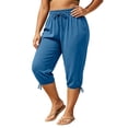 thumbnail image 2 of Costeam Womens Plus Size Drawstring Ankle Tie Capri Pants Dual Side Hand Pockets Elastic High Waist Soft Stretch Knit Loose Fit Casual Loungewear Cropped Trousers, 2 of 7