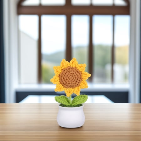SWETRACE 1Pack Car Dashboard Decor Handmade Knitted Sunflower Potted Plant with Plastic Pot 11.8x2.9x2.2in