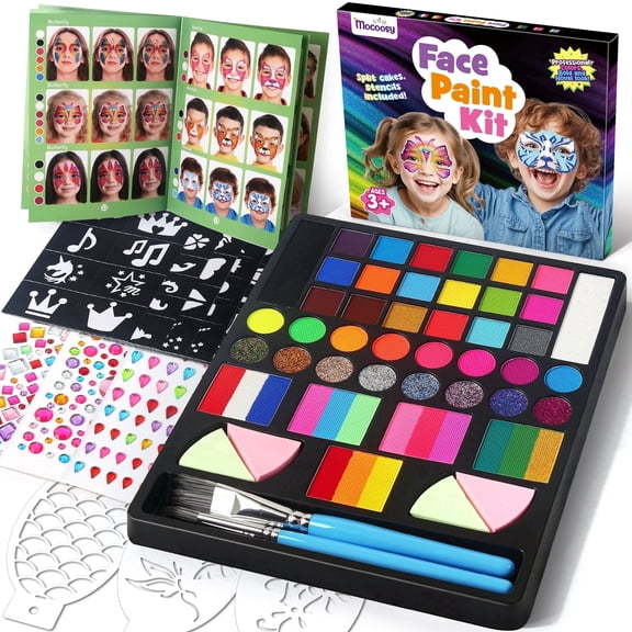 Mocoosy 41 Color Face Painting Kit for Kids, Non-Toxic Water Activated Face Paint Palette With Stencils, Brushes, Gems, Professional Kit for Girls & Boys
