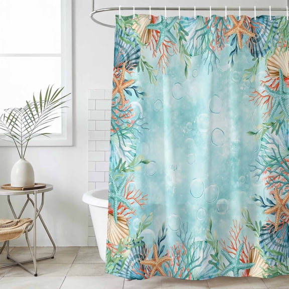 Coastal Shower Curtain Set, Waterproof Shower Curtains for Bathroom, Summer Nautical Beach Coral Starfish Blue Ombre Washable Fabric Cloth Bath Curtain for Bathtub Decoration with Hooks 60x72 Inches