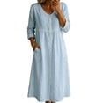thumbnail image 2 of ClodeEU Women's V Neck 3/4 Sleeve Linen Blend Maxi Dress,Casual Loose Dress with Pockets Light Blue,Women's Plus M, 2 of 5
