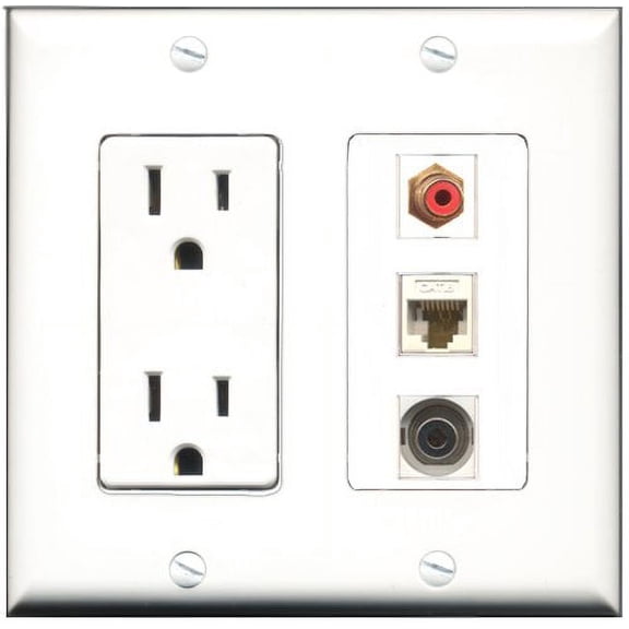 RiteAV - 15 Amp Power Outlet 1 Port RCA Red 1 Port 3.5mm 1 Port Cat6 Ethernet Ethernet White Decorative Wall Plate