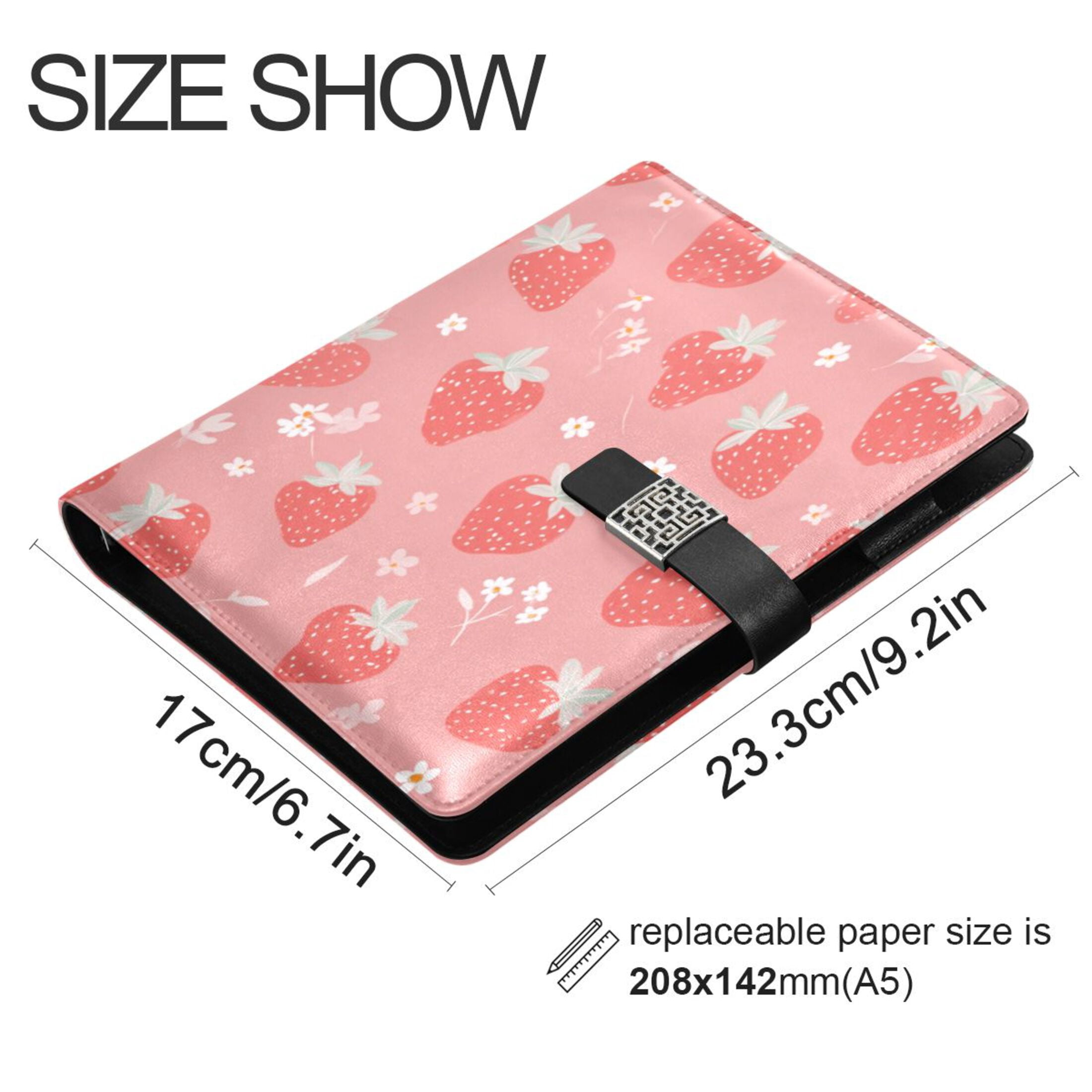 Leather Planner Leather Notebook Notebook Journal Binder Design Pen Pocket Design Convenient for Storage Sweet Pink Strawberry Pattern
