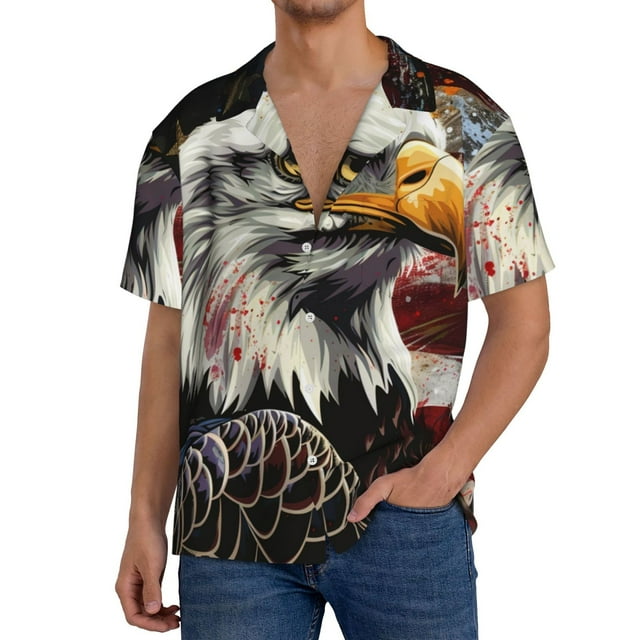 Fotbe Retro American Eagle A Camisa Estampada de Manga Corta para Hombre, Casual de Verano, Estilo Playero, Sin Arrugas-Large
