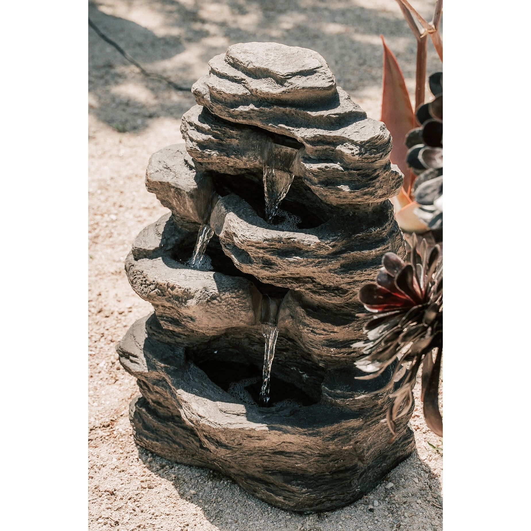 Xbrand 23.6"H Polystone/Stone Powder Indoor Outdoor 3-Tier Rocky Water Fountain with LED Lights for Home Garden Yard Décor