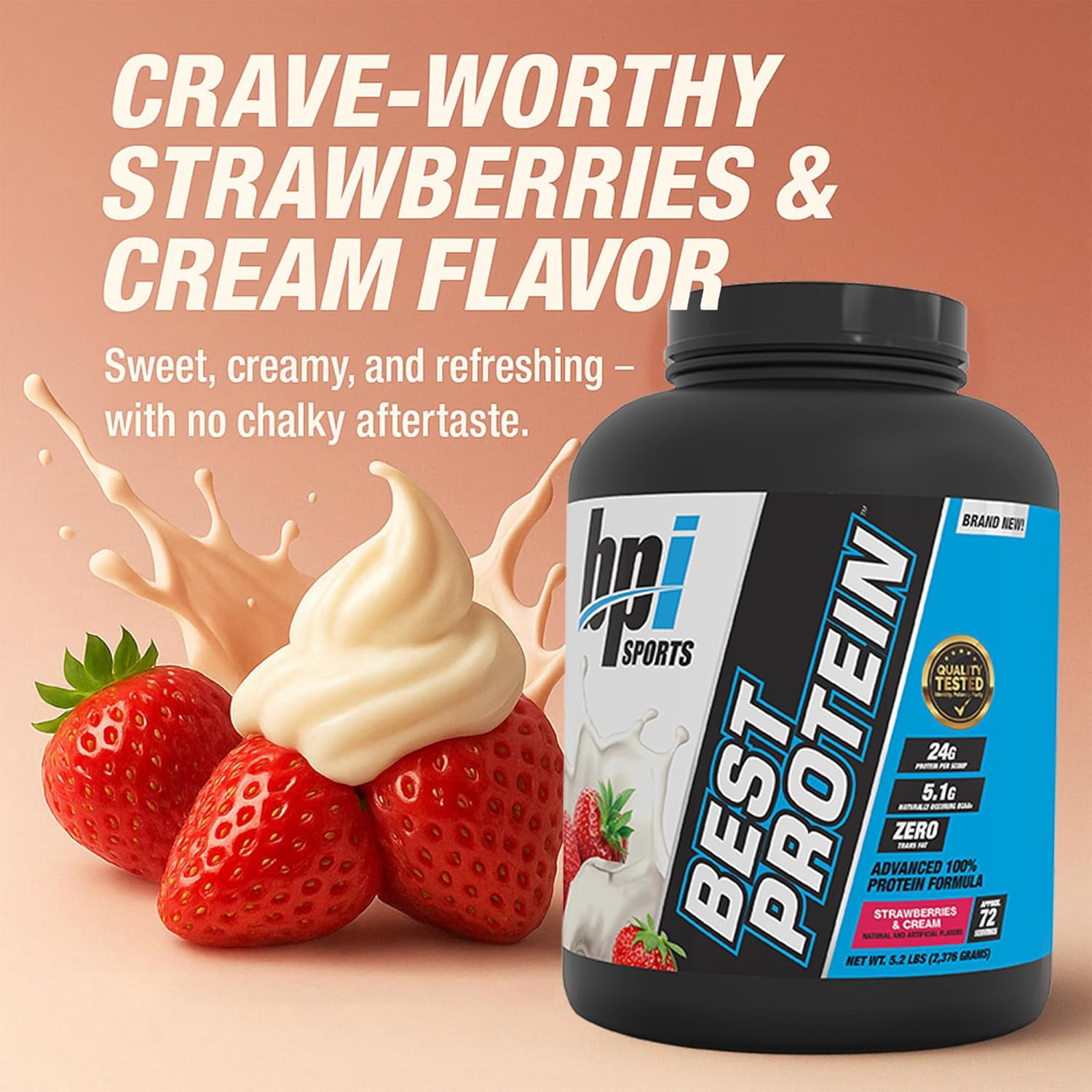 BPI Sports Best Protein Powder, 100% Whey Blend for Muscle Growth & Recovery, Strawberries & Cream, 5.2 lbs (72 Servings)
