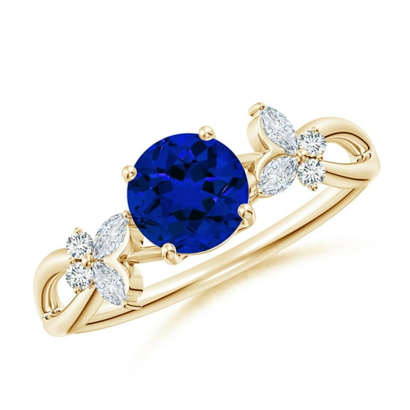 ANGARA Lab Grown 1 Ct Round Blue Sapphire Butterfly Engagement Ring for Women in 14K Yellow Gold (Size-6mm) | September Birthstone, Anniversary, Jewelry Gift for Women | Lab-Grown Blue Sapphire Ring