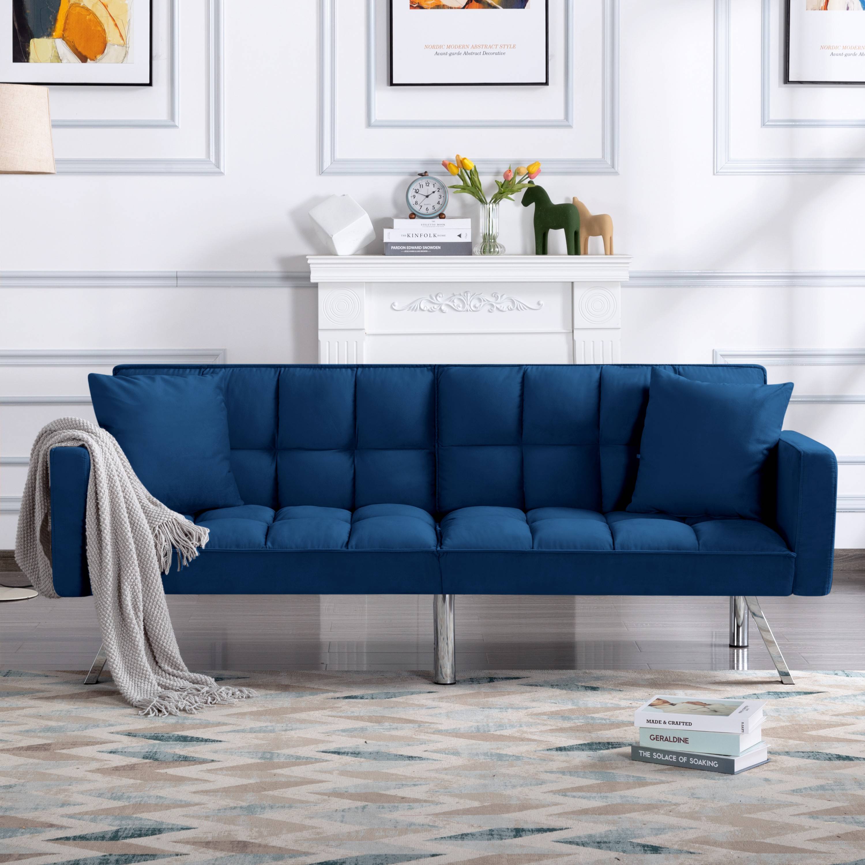 BSHTI 74” Twin Size Futon Sofa Bed,Square-tufted Upholstery Futon Sleeper,Velvet Fabric Sleeper Sofa,for Home,Office,and Guest Room,Navy Blue