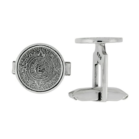 Sterling Silver Aztec Calendar Round Cufflinks Swivel Bar, 5/8 inch wide