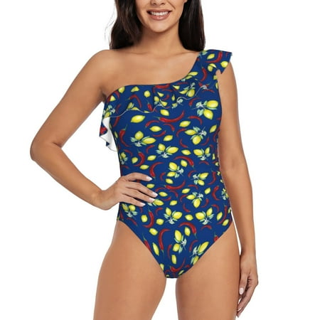 Salouo Lemons And Chili Pattern One Shoulder Ruffled One Piece Swimsuit for Women V Neck Swimwear Tummy Control Bathing Suit-X-Large