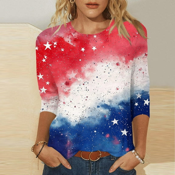 Cavosen Red White and Blue Shirts for Women Petite Independence Day 3/4 Sleeve Crew Neck T Shirts American Flag Graphic Shirts Lady XL 4th of July Casual Shirts Red White and Blue Tunic Tees