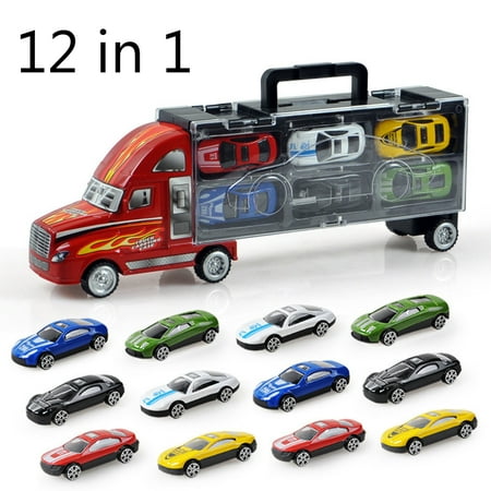 Portable Container Truck+12pcs Inertial Alloy Metal  Simulation Mini Car Toy for Kid Cars Boy Girl Christmas Birthday