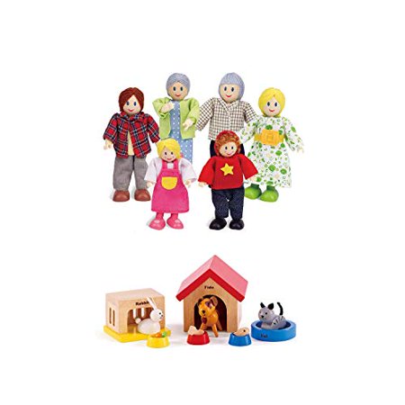 Hape Happy Family Dollhouse with Pet Set Award Winning Doll Family Set, Unique Accessory for Kid's Wooden Dolls House, Imaginative Play Toy, 6 Family Figures, Adults 4.3" and Kids 3.5" (B083L1QYC7)