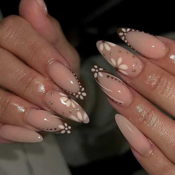 Sinyiin Shining Press On Nail French Gleaming Flower Teard Medium Length Fingernails 24pc Comfortable Fit Faux Nail