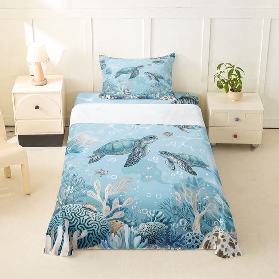spefrowx Watercolor Sea Turtle Twin Sheets for Kids Boys Girls, Blue Coral Wildlife Bedding, 3-Piece, 1 Flat Sheet, 1 Fitted Sheet and 1 Pillowcase