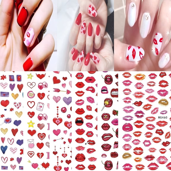 RAGUPEL Nail Sticker Romantic Colorful Self-adhesive Strong Stickiness Removable Decorative DIY Valentines Day Heart Red Lip Series Nail Art Decal for Salon Style C