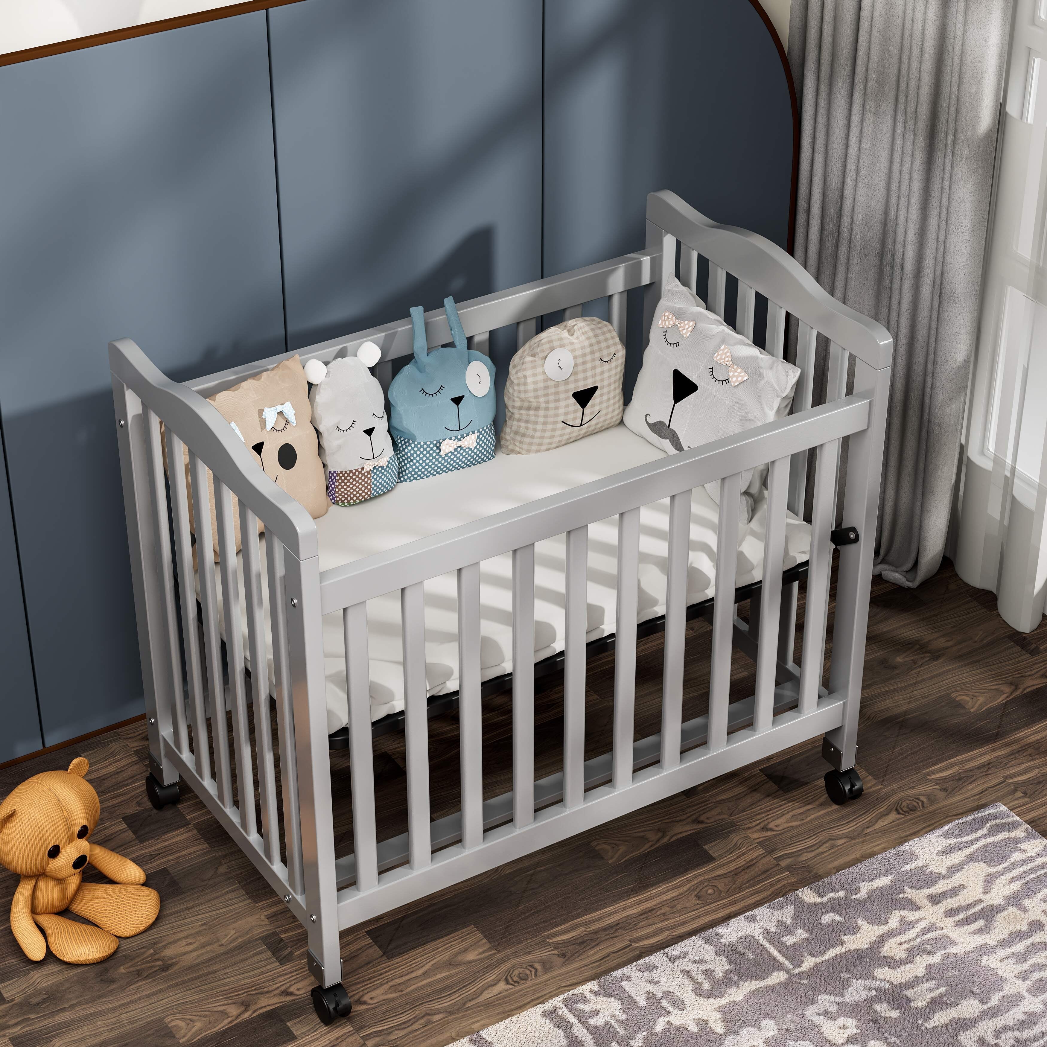 Fizzy Baby Mini Crib, Small Crib with 3-Position Mattress Board, Gray