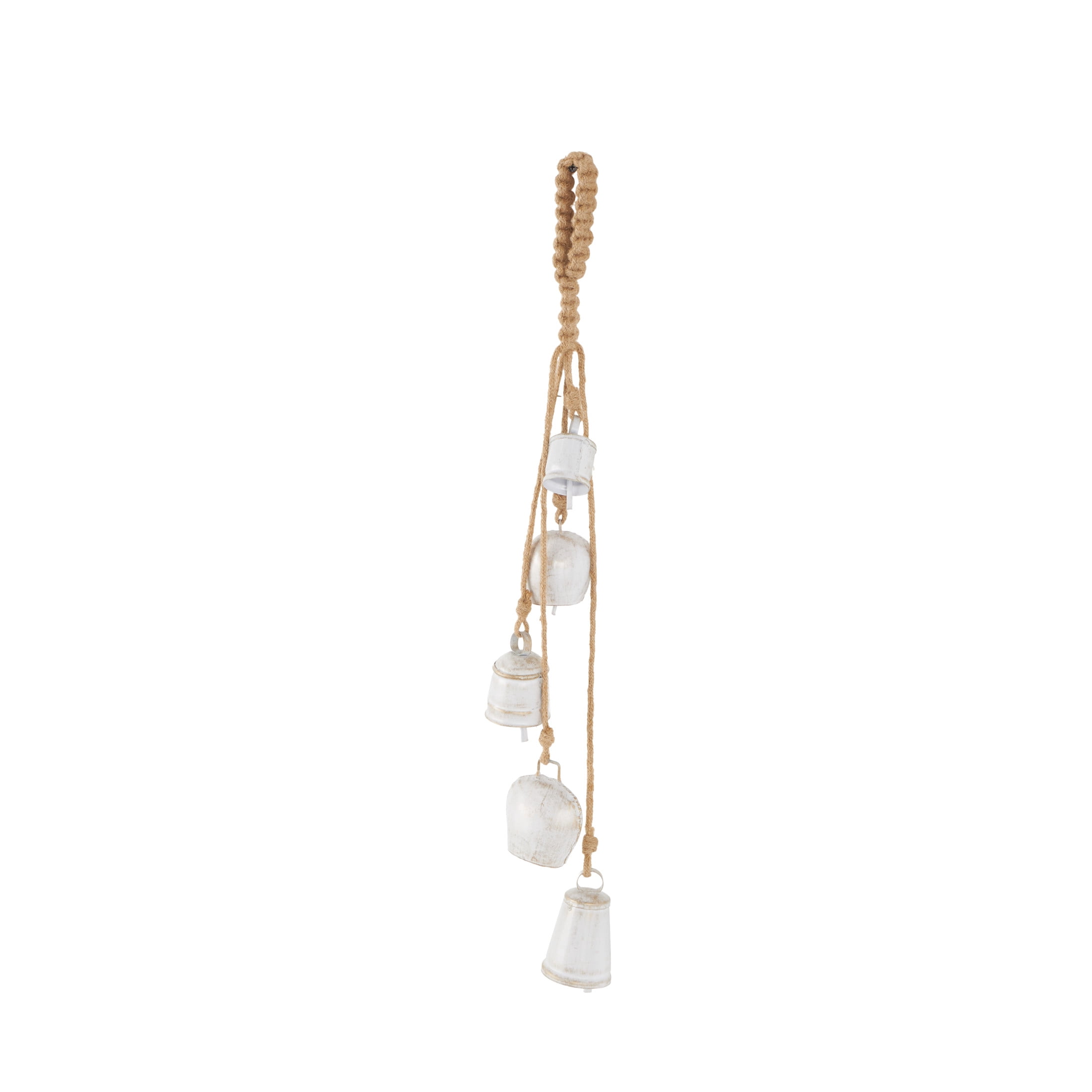 DecMode Tibetan Inspired Cascading White Metal Various Shapes Decorative Bells with 5 Bells on Jute Hanging Rope