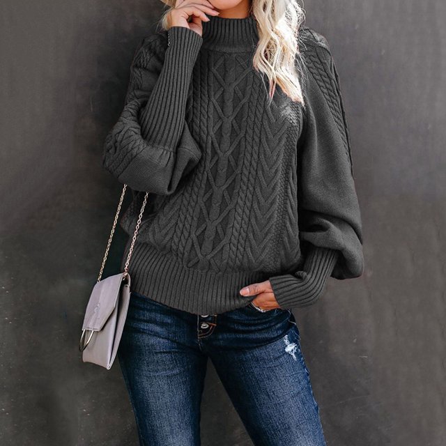 Suéter de cuello medio de invierno para mujer, suéter suelto de punto de manga larga de color sólido