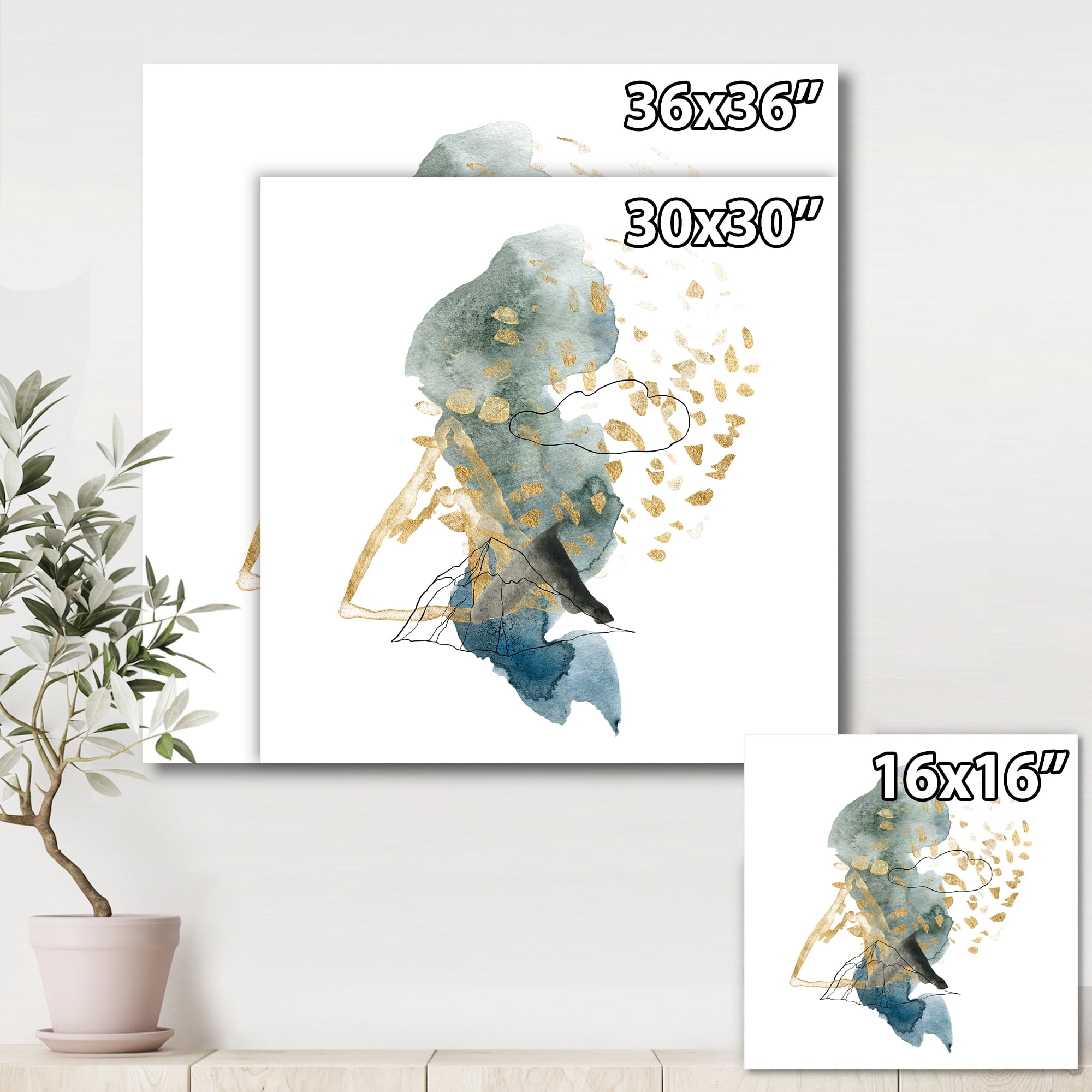Designart ' Gold Strokes and Landscape of Dark Blue Mountains I ' Modern Canvas Wall Art Print