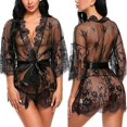 thumbnail image 1 of Women See Through Sexy Lace Kimono Robe Lingerie Nightwear Dressing Gown Sleepwear, 1 of 3