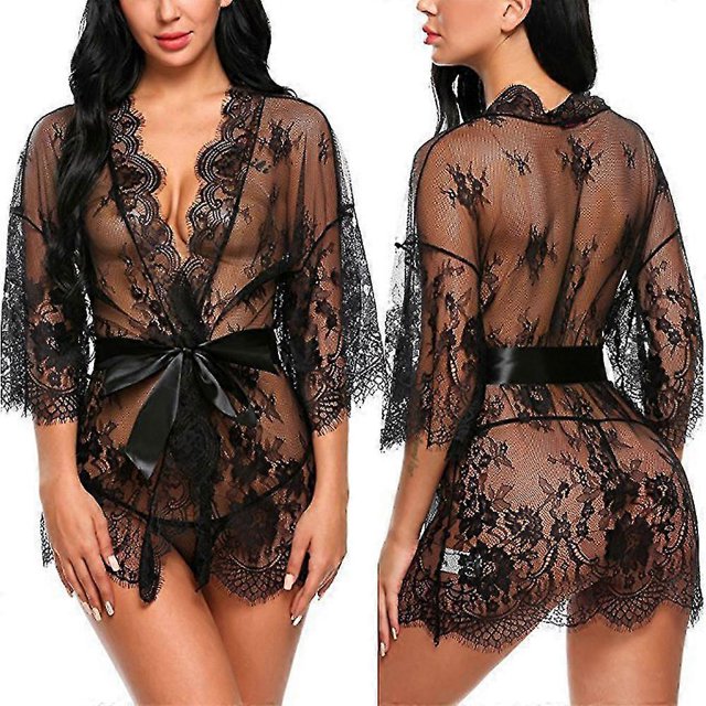 Women See Through Sexy Lace Kimono Robe Lingerie Nightwear Dressing Gown Sleepwear