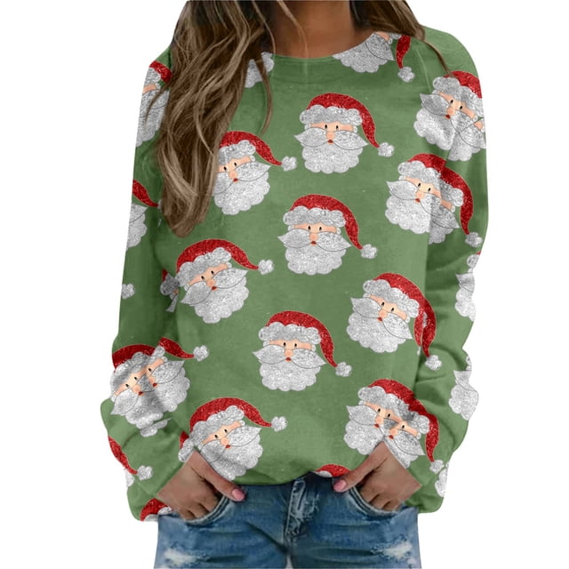Gibobby Sudadera navideña mujer Blusa de manga larga con cuello en O para mujer, para uso diario, en casa, al libre, con estampado navideño(Verde,CH)