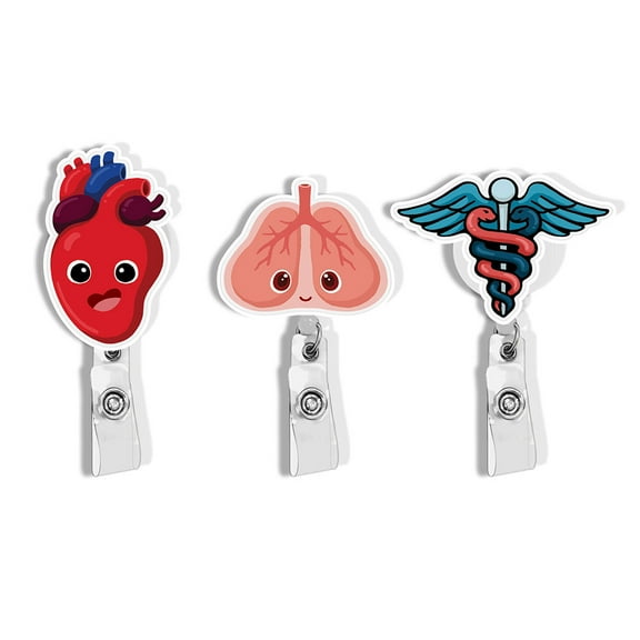 WIRESTER (3 Pack) Key Card Holder Belt Clip Reel Id Badge Retractable, Red Heart, Cute Lungs & Caduceus