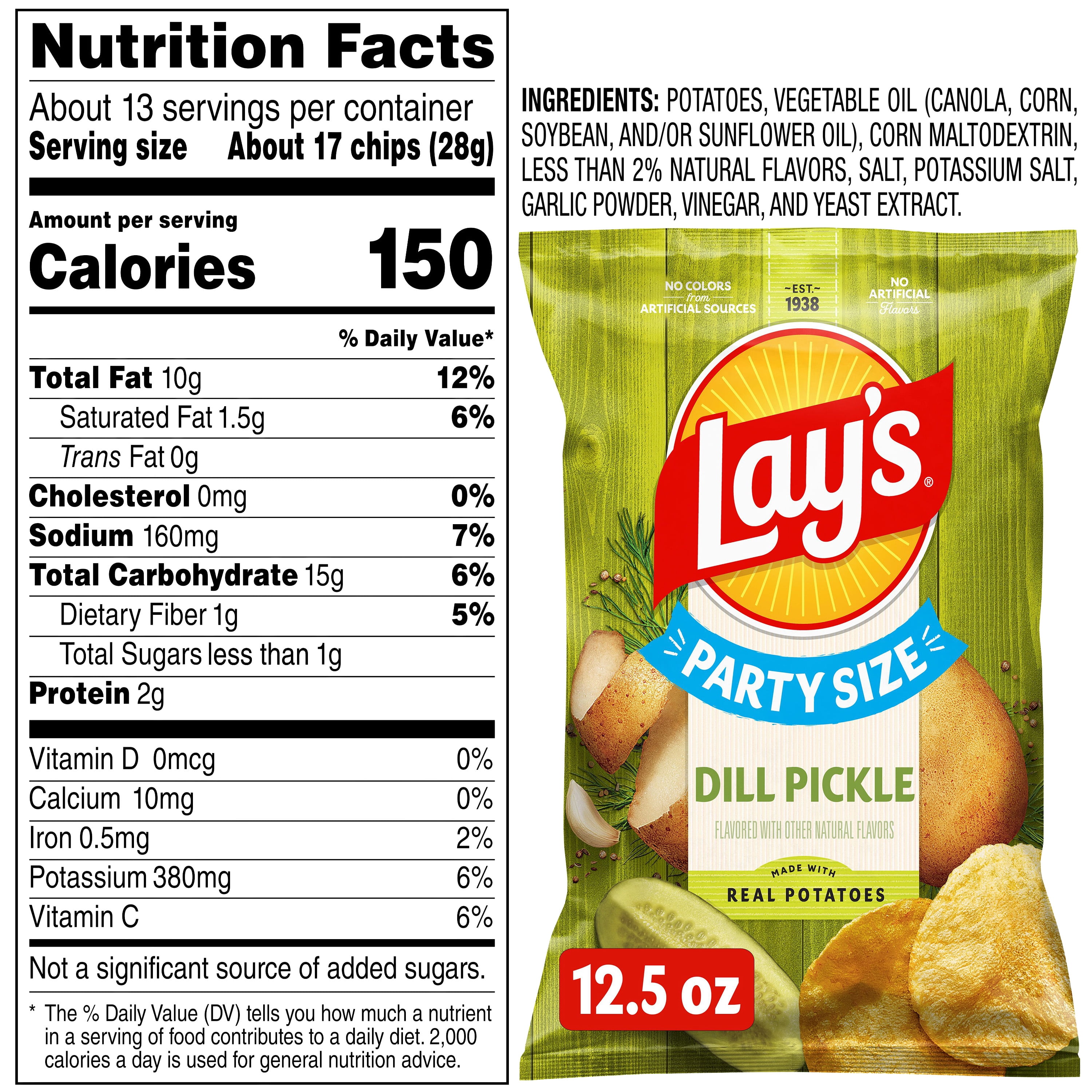 (3 pack) Lay's Dill Pickle Flavored Potato Chips, Party Size, 12.5 oz Bag