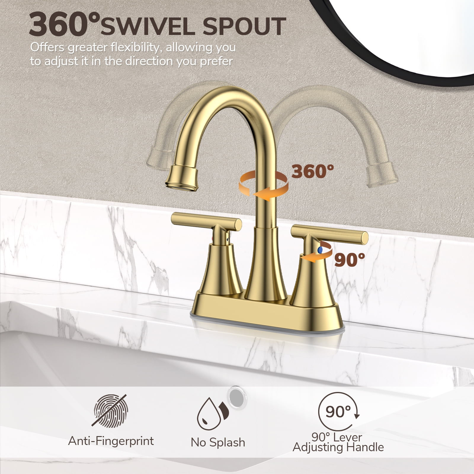 KINGTACK Bathroom Sink Faucet, 4 inch 2-Handle Gold Bathroom Faucet with Pop-up Drain and 2 Supply Hoses, Fits 2 or 3-hole Sink