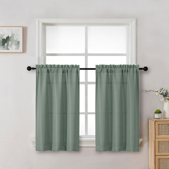 OVZME Bethany Sage Green Curtains Tier 36 Inch Length, Faux Linen Textured Short Cafe Curtains for Bathroom Basement, Solid Farmhouse Small Window Shades Rod Pocket, 30"Wx36"L Inches 2 Panels