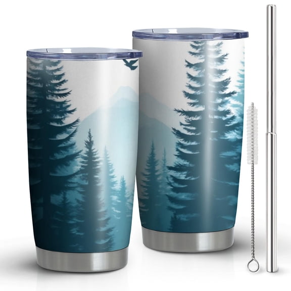 20 Oz Forest with Mountains Coffee Tumbler Double Wall Insulated Stainless Steel Water Bottle | Metal Reusable Thermoses Flask with Cup Cap | Leak & Sweat Proof with Anti-Dust Lid