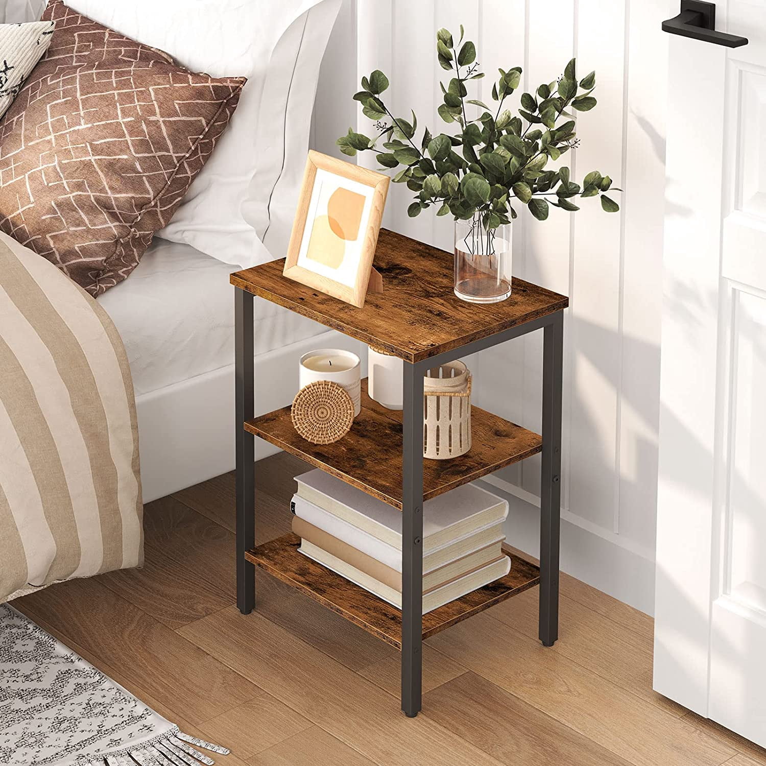 HOOBRO End Tables Metal Frame Set of 2 Sofa Tables with 3-Layer Storage Shelves Living Room Home Office Rustic Brown BF13BZ01