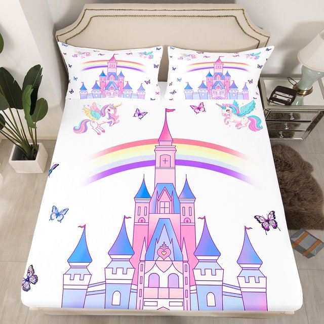 Erosebridal Princess Castle Fitted Sheet Set Full, Rainbow Stripe Fitted Sheet Full, Cartoon Decor 3 Pieces