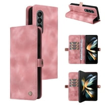 Dteck Case for Samsung Galaxy Z Fold4,Magnetic Leather Card Pocket Case Shockproof Hard PC Bumper Kickstand Wallet Cover,Pink