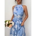 thumbnail image 5 of Blue Watercolor Floral Print Halter Neck Smocked Waist A-Line Maxi Dress For Women, 5 of 8