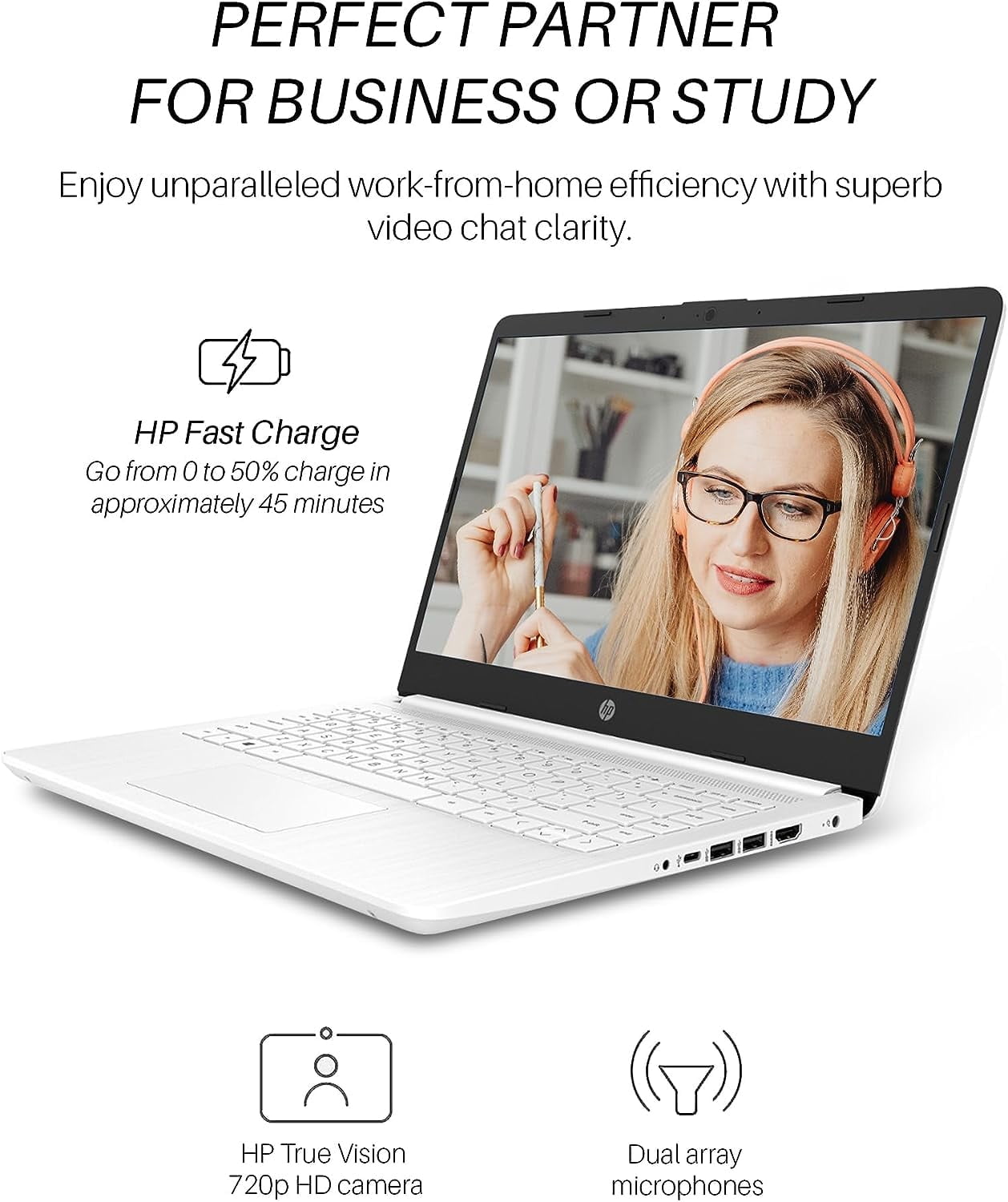 HP 14" HD Laptop for Students and Business, Intel Quad-Core Processor, 16GB RAM, 64GB eMMC+256GB Micro SD, Long Battery Life, UHD Graphics, Webcam, Windows 11 Home in S Mode, Snowflake White