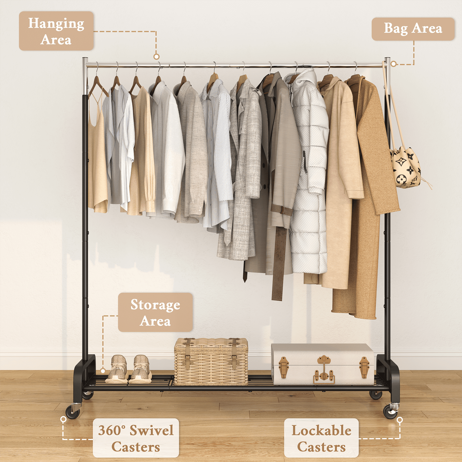 Mr IRONSTONE Heavy Duty Clothes Rack 400 lbs, Rolling Garment Rack with Wheels, Portable Metal Closet Organizer, Black Mr IRONSTONE Heavy Duty Clothes Rack 400 lbs, Rolling Garment Rack with Wheels, Portable Metal Closet Organizer, Black - Image 2