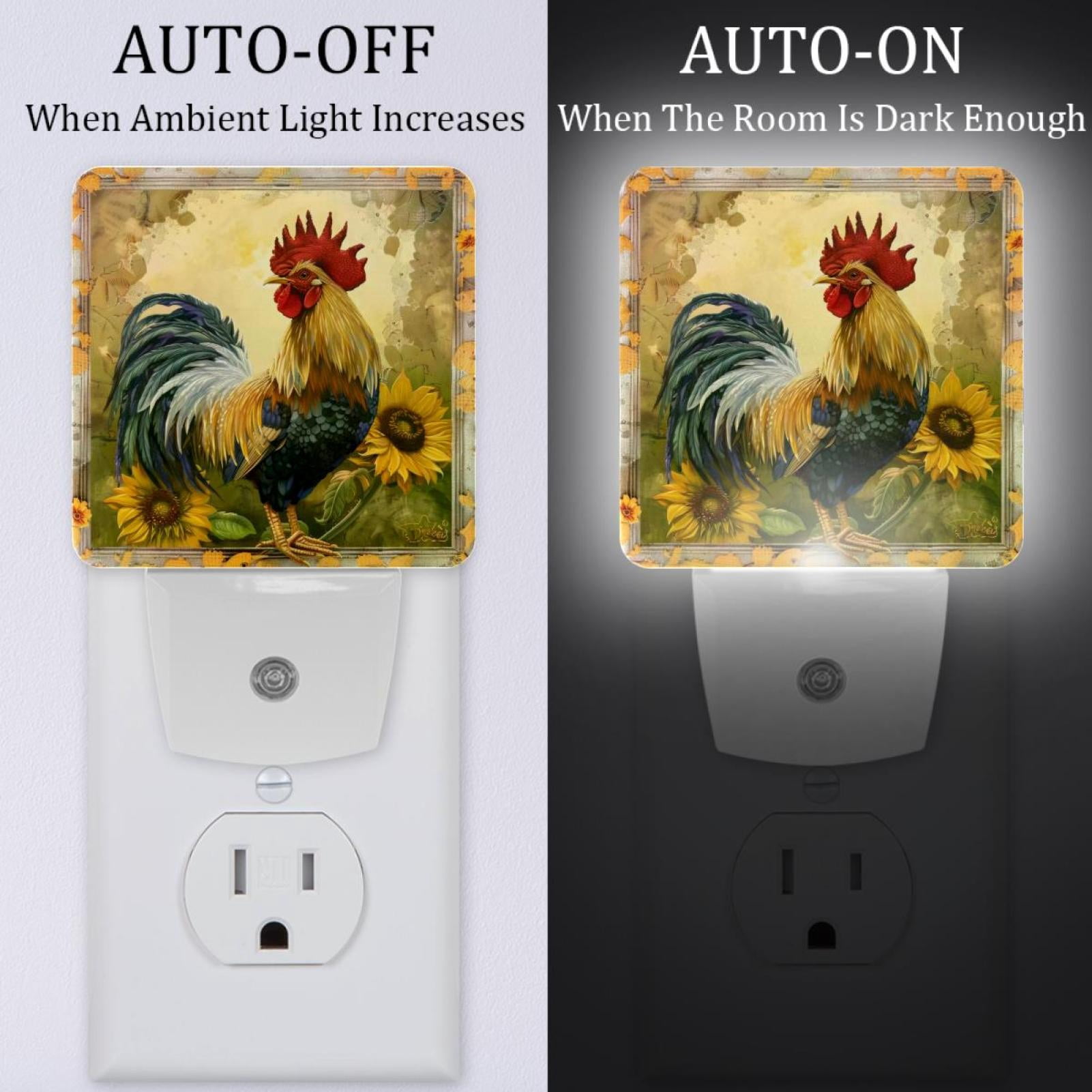 PhooArto Vintage Rooster Sunflower Art Pattern Plug in LED Night Light Auto Sensor Dusk to Dawn Decorative Night for Bedroom, Bathroom, Kitchen, Hallway, Stairs, Baby's Room, Energy Saving
