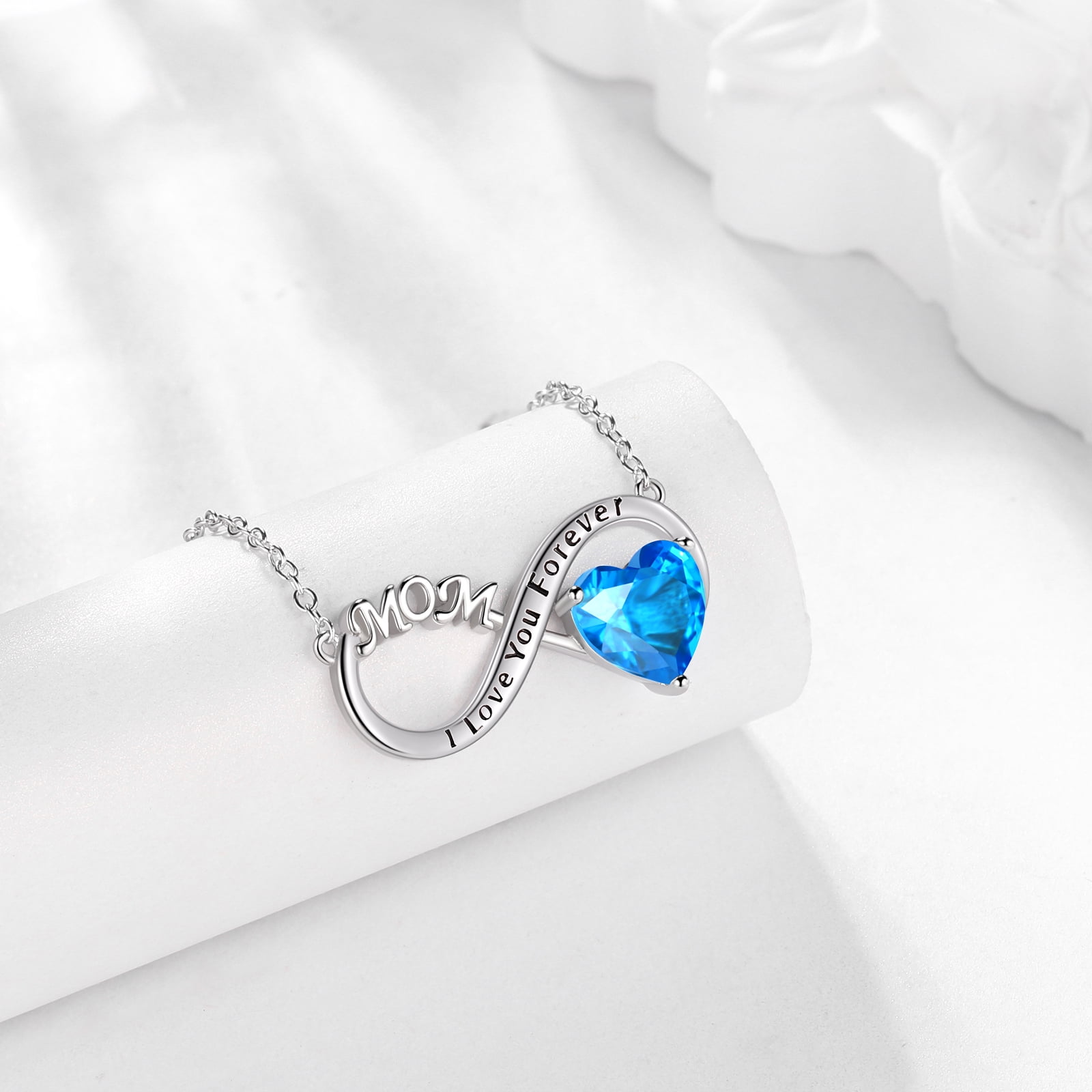 Juwaliy Infinity Heart Necklace for Mom March Birthstone Necklace Aquamarine Blue Pendant 925 Sterling Silver Jewelry Women Birthday Mother's Day Gift