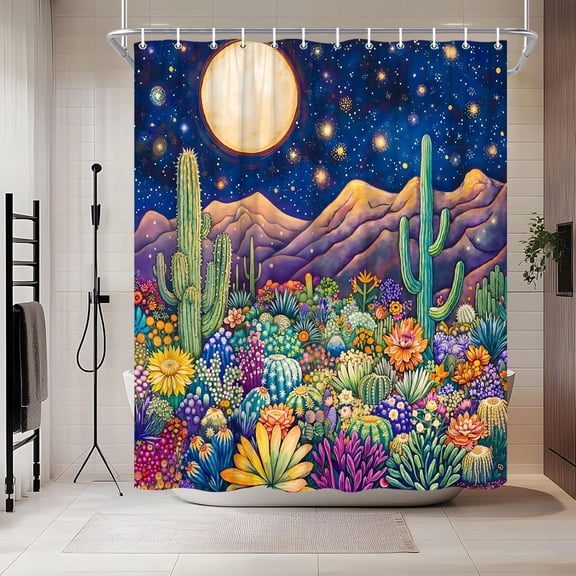 Western Boho Cactus Desert Shower Curtain Abstract Southwestern SunSet Tropical Night Sky Floral Plant Country Mountain Shower Curtains Set Bathroom Polyester Fabric Hooks-72"W x 78"L (Pack of 1)