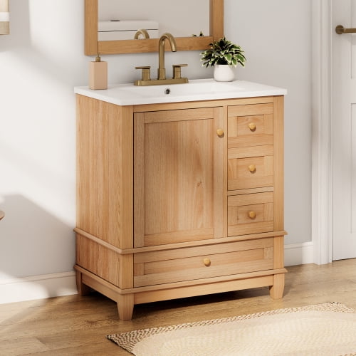 30 Inch Bathroom Vanity with Ceramic Sink, White Freestanding Vanity Cabinet with Soft-Close Door, 3 Drawers and Shelf for Bathroom, Wood