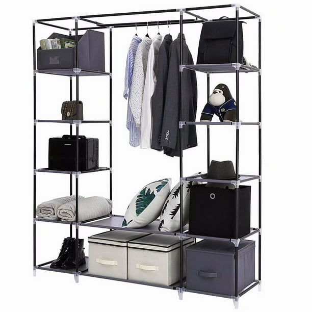 Portable Clothes Closet Wardrobe with Non-Woven Fabric and Hanging Rod  Quick and Easy to Assemble Gray,58