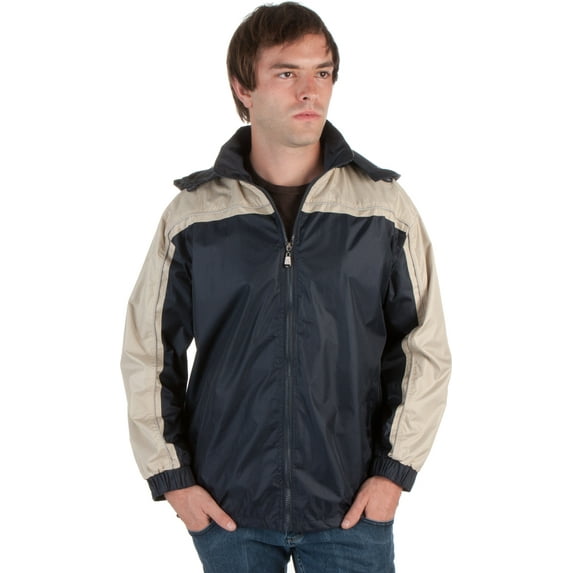 Adult Two-Tone Full-Zip Water-Resistant Hooded Windbreaker / Rain Jacket ( 2 Colors ) - Navy - Medium