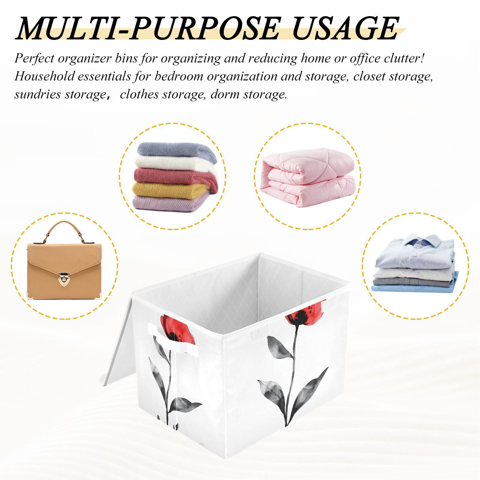 Red Flower Black Leaves Storage Basket for Shelves Foldable Container Organizer for Organizing Toys Clothes Books with Handles