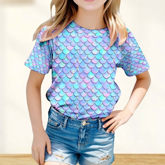 SOFTCCLO Girls T shirts Short Sleeve Crewneck Mermaid Scale Print Graphic Tees Casual Summer Cute T-Shirts for Girls 3-4Y