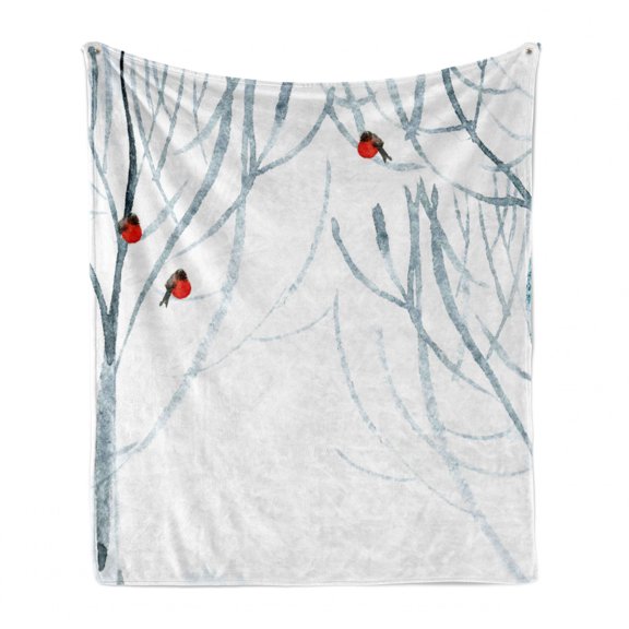 Modern Soft Flannel Fleece Throw Blanket, Trees Water Colored Image of Winter Woods with Bullfinches Print, Cozy Plush for Indoor and Outdoor Use, 50" x 60", Pale Grey White, by Ambesonne