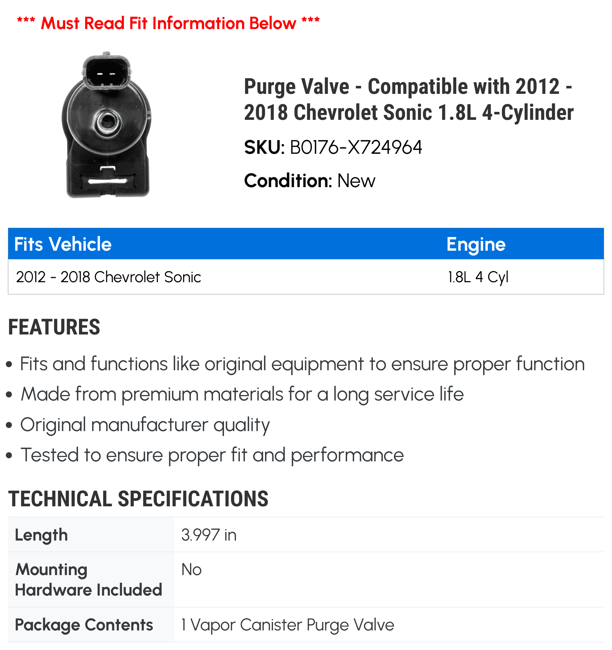 Purge Valve - Compatible with 2012 - 2018 Chevrolet Sonic 1.8L 4-Cylinder - Dorman