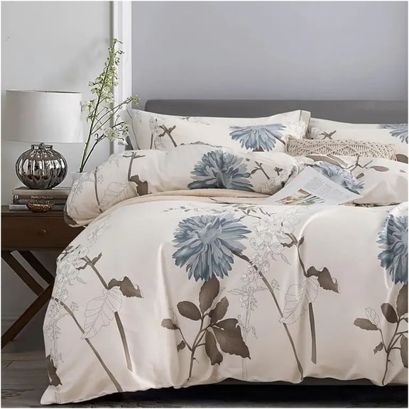 JERFIT King Size Duvet Cover Set, Milk White 100% Cotton Floral Comforter Cover with Zipper Closure, Ultra Soft & Breathable Bedding